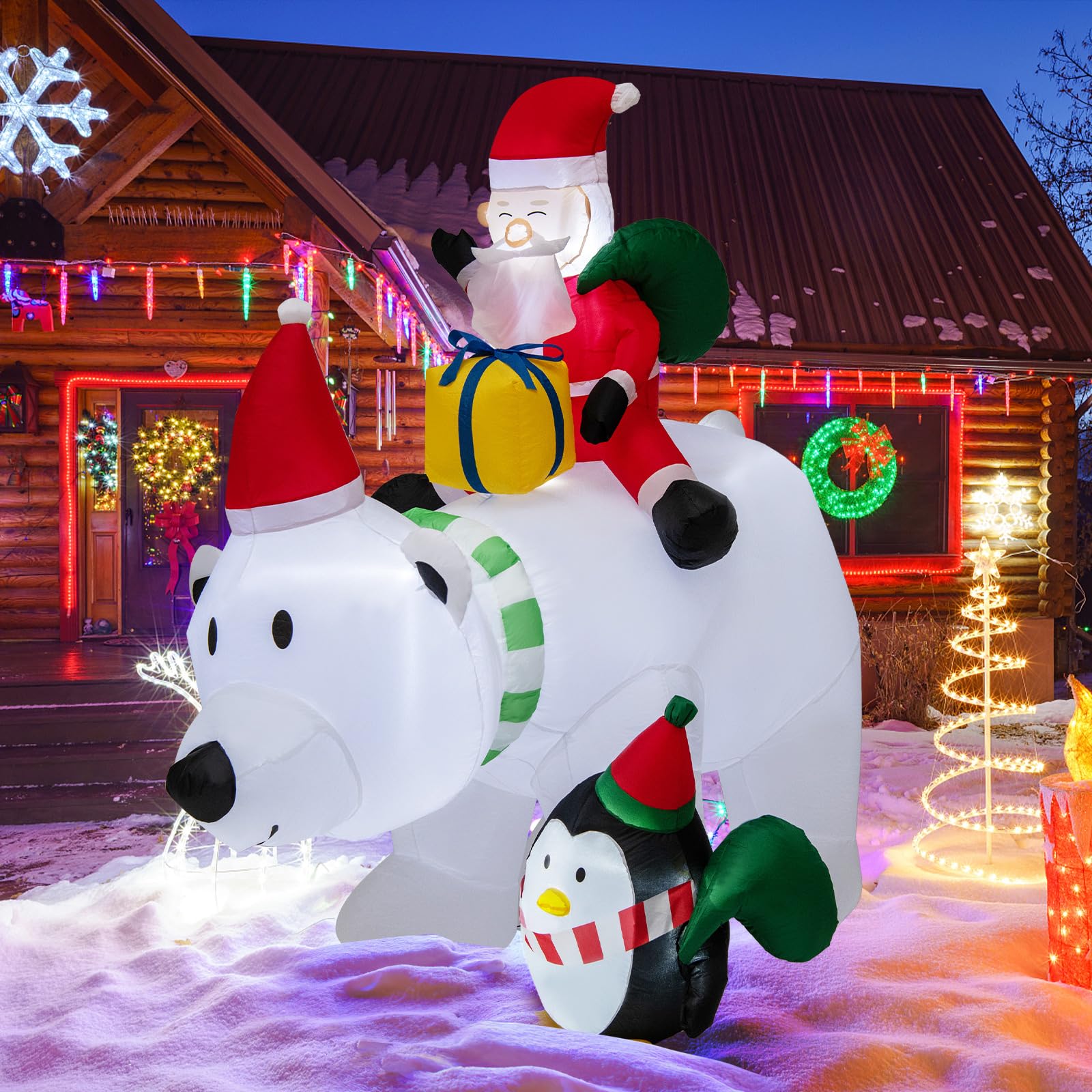 Tangkula 7.5 FT Christmas Inflatable Polar Bear, Blow up Santa Claus Riding Bear with Penguin, Gift Bags & Gift Box